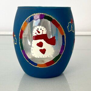 Blue Frosted Glass Votive Holder Snowman and Holly Design